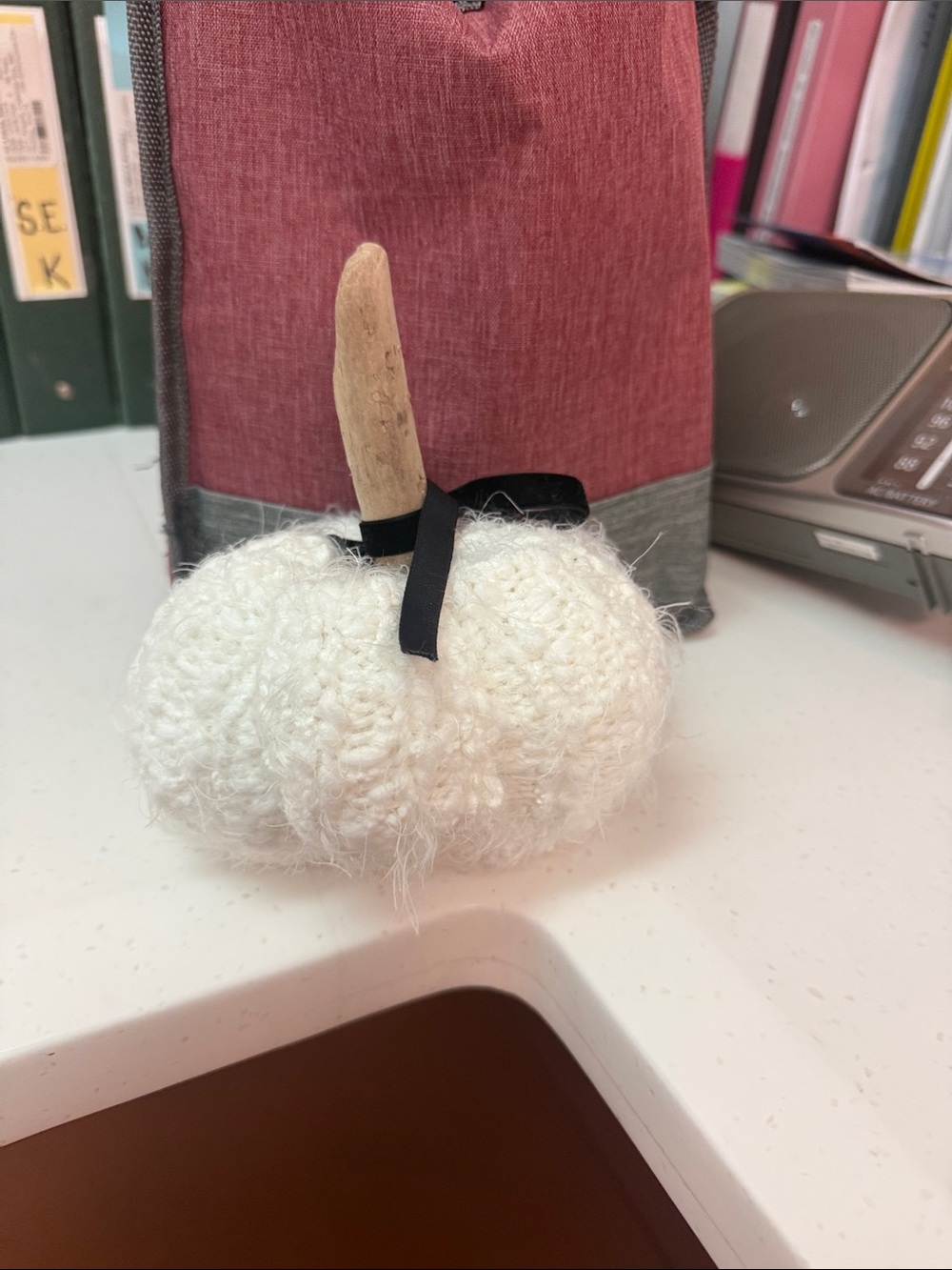 White Knit Decorative Pumpkin with Wooden Stem - Brand